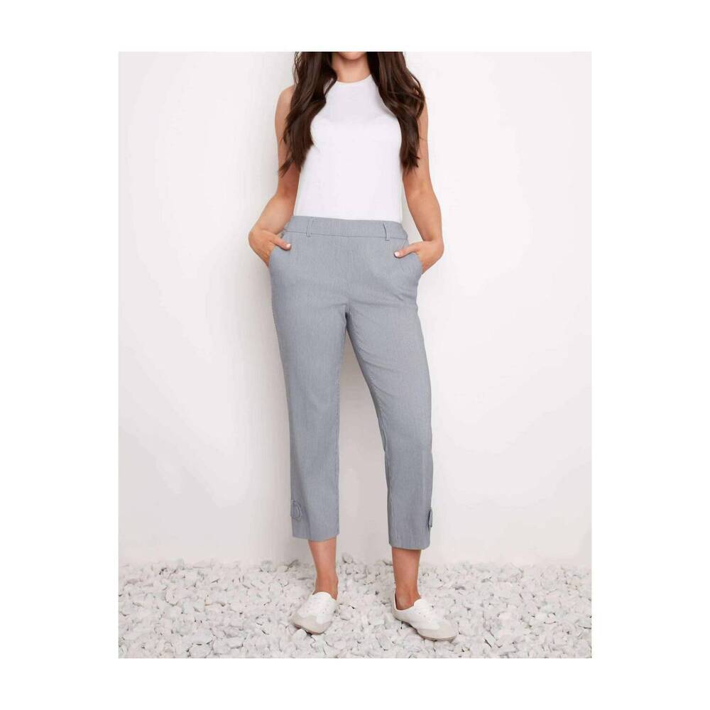 NEW UP! techno button-tab cropped pants in navy stripe